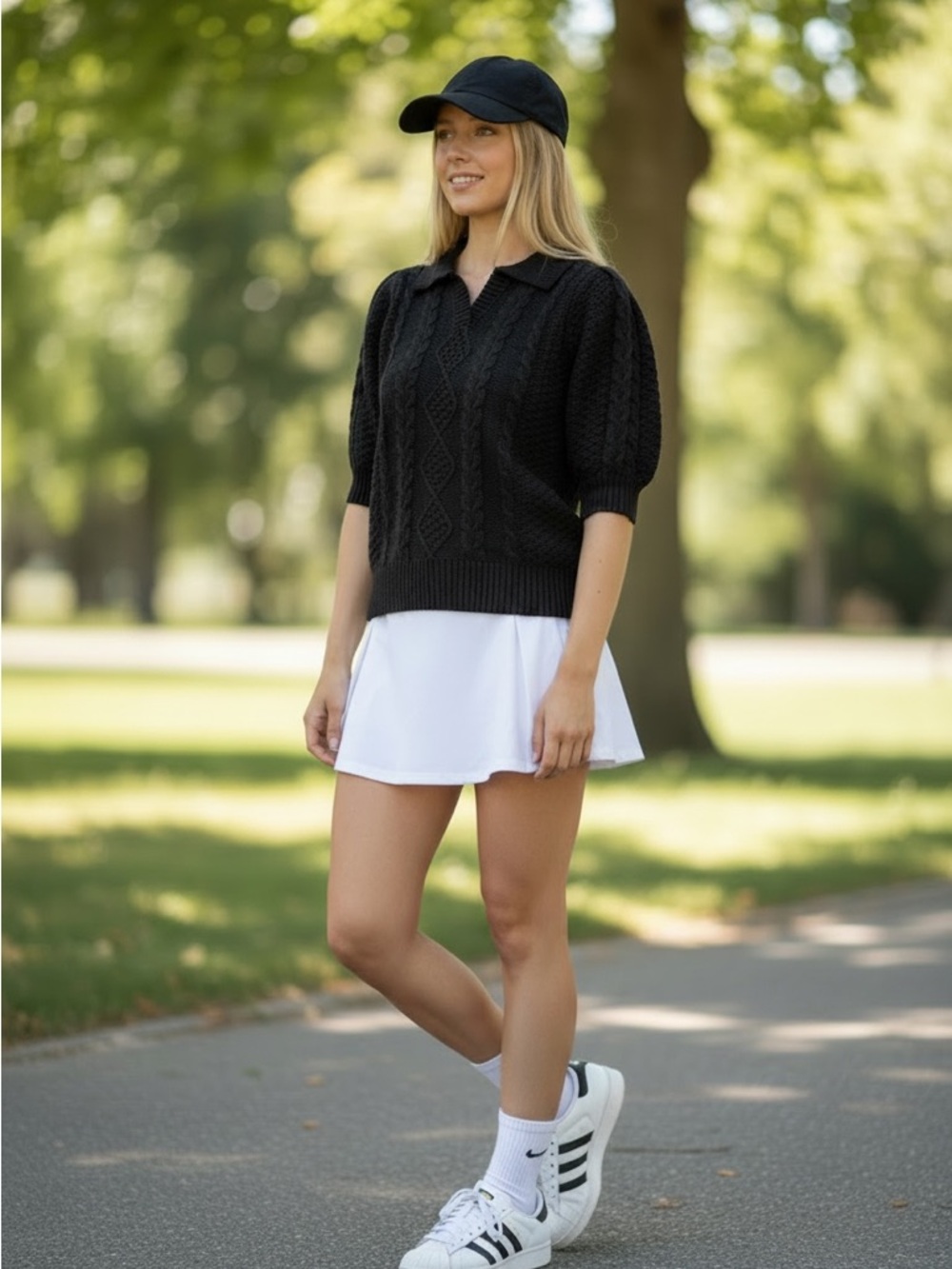 Olive Black Cable-Knit Polo Sweater